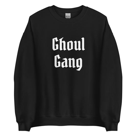 A black bachelorette party sweatshirt with the words "Ghoul Gang" written in large, white, gothic-style letters