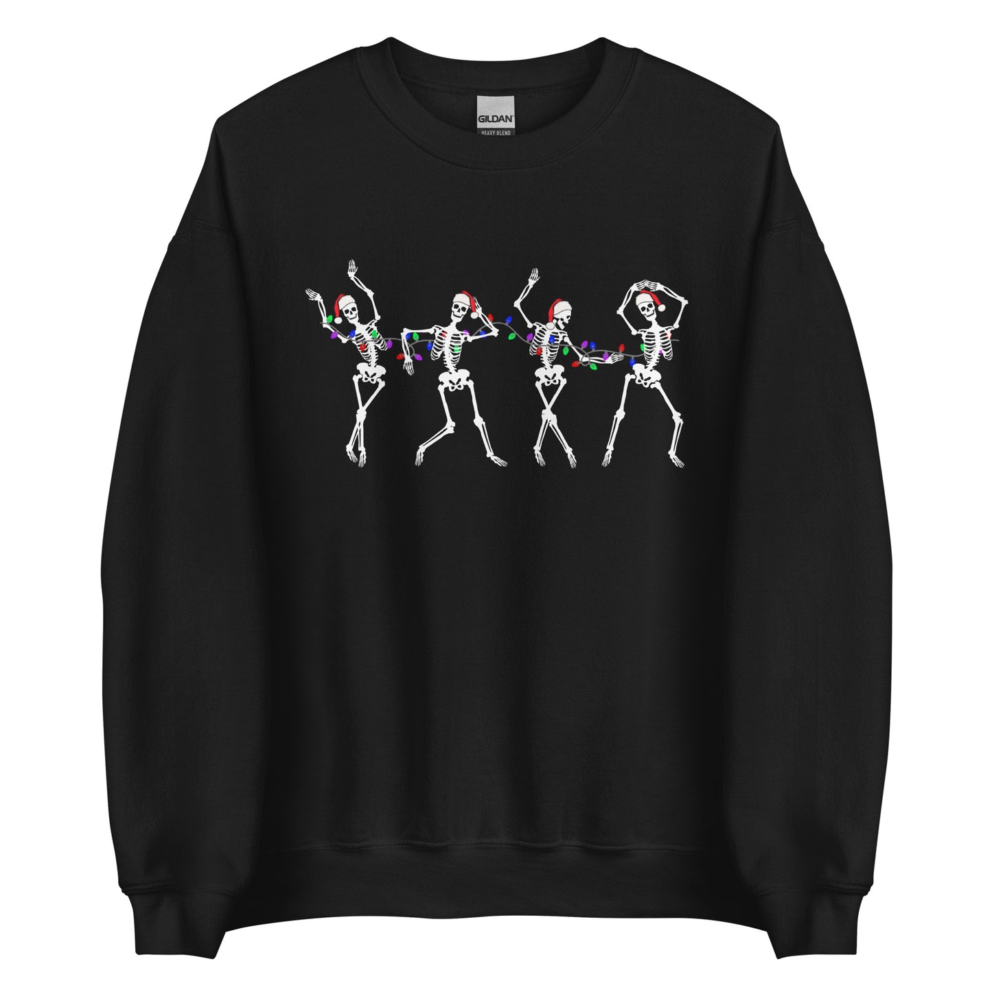 A black Christmas sweatshirt with four dancing skeletons wrapped in Christmas lights, each wearing a Santa hat