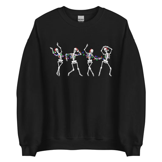 A black Christmas sweatshirt with four dancing skeletons wrapped in Christmas lights, each wearing a Santa hat