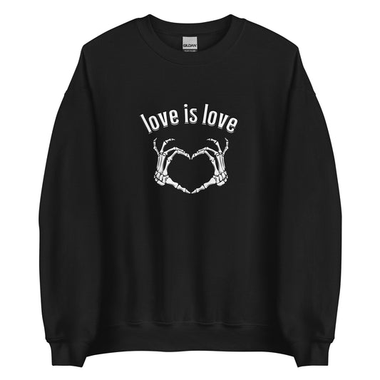 A black crewneck sweatshirt featuring two skeleton hands forming a heart, with the phrase "love is love" written above
