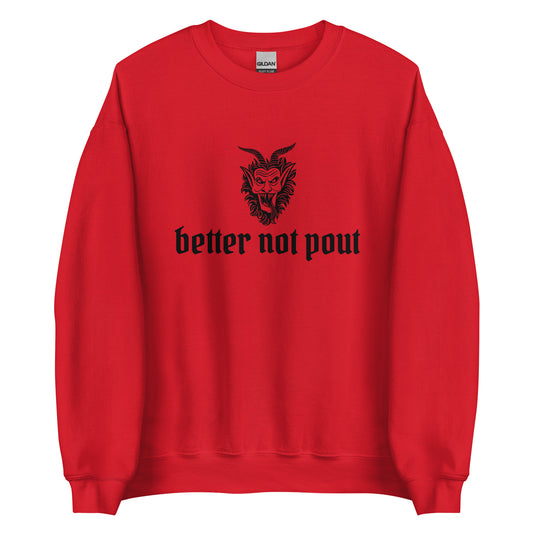 A red creepy Christmas sweater with a picture of Krampus and the phrase "Better Not Pout" written in black gothic-style letters