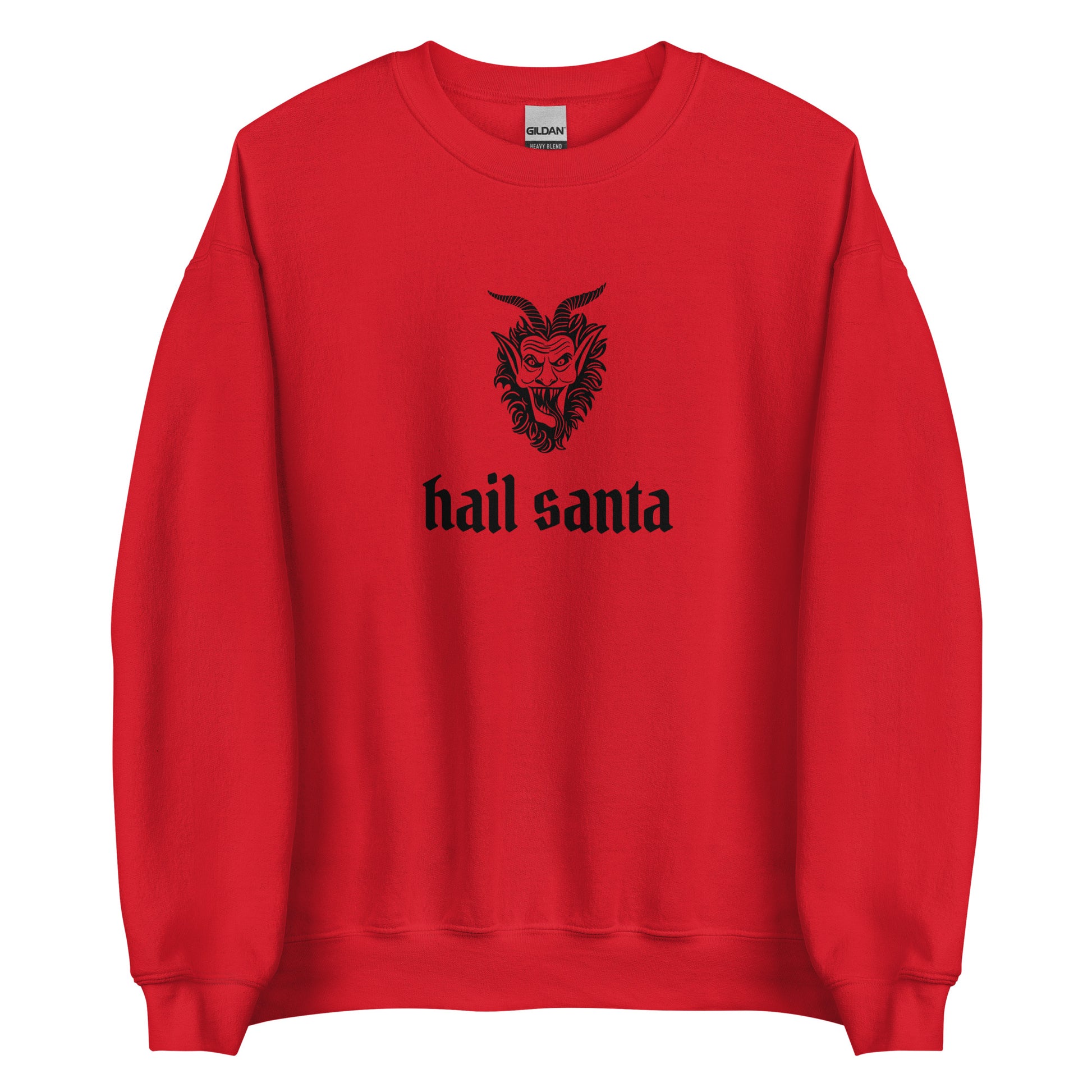 A creepy red Christmas sweatshirt with a picture of Krampus in black, and the phrase Hail Santa written in black, gothic-style letters