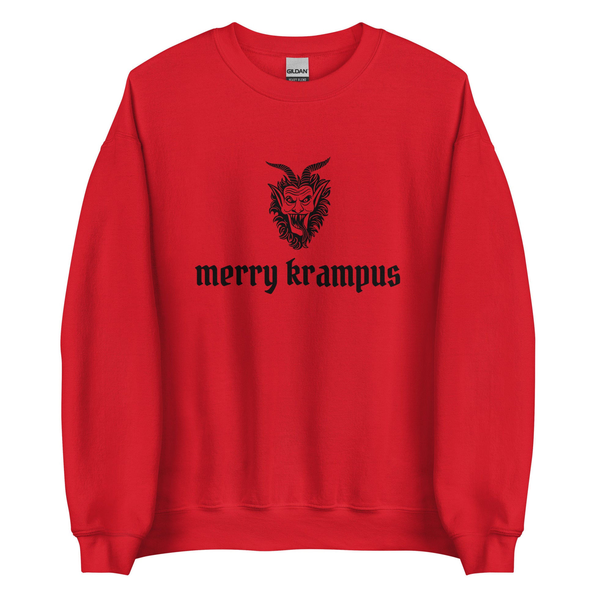 A red Christmas sweatshirt with a picture of Krampus and the phrase Merry Krampus in black, gothic-style letters