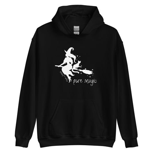 A black hoodie featuring a white silhouette of a witch and a cat riding a broomstick, surrounded by magic stars. The words Spooky in Salem are written next to the witch's leg, and the words "pure magic" are written underneath the broomstick.